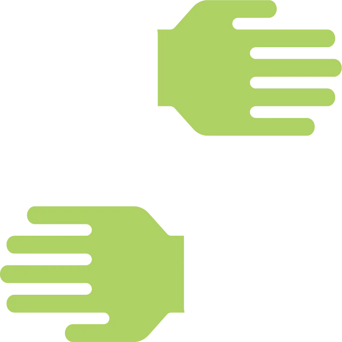 Four green hands reaching toward each other, representing connection and unity.