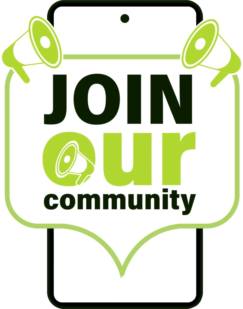 Join our community graphic with megaphones and smartphone outline in green and black