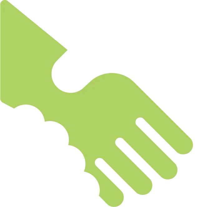 Two green hands grasping each other in support.