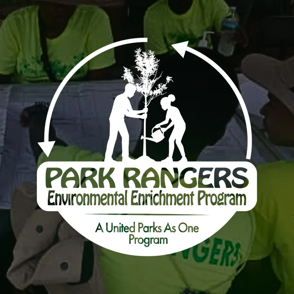 Park Rangers Environmental Enrichment Program logo overlayed on a photo of teens participating in community activities in Newark.