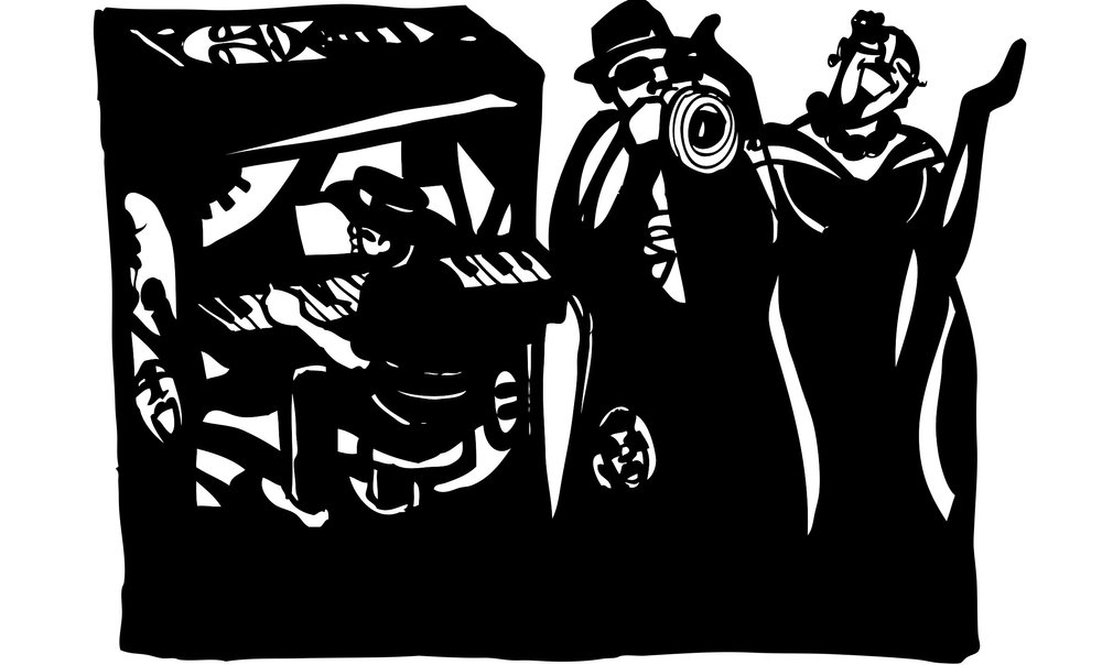 Black and white illustration of Bebop musicians including a pianist, trumpet player, and singer, created by artist Jerry Gant.