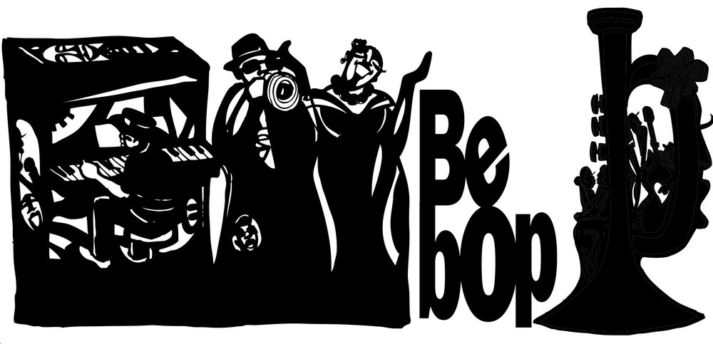 Full black and white concept design by Jerry Gant featuring Bebop musicians and a stylized trumpet spelling “Be Bop.”