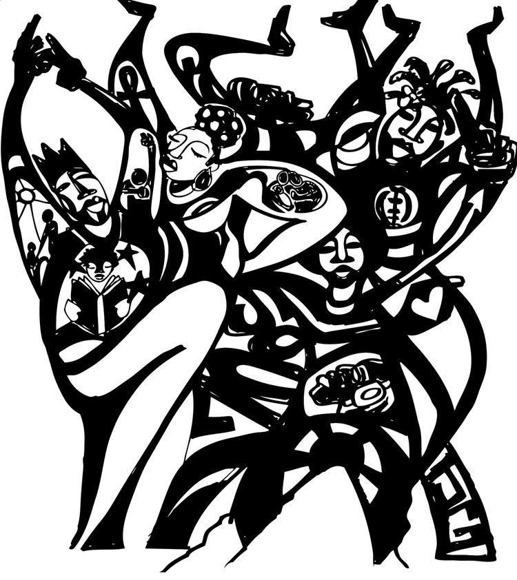 Abstract black-and-white drawing by Jerry Gant featuring expressive figures symbolizing Rhythm & Blues culture.