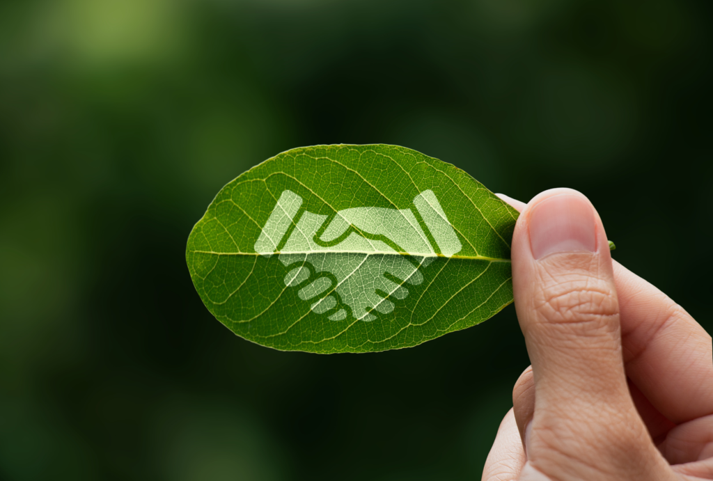 Icon of two hands shaking inside a leaf symbol, representing environmental stewardship and community partnership.